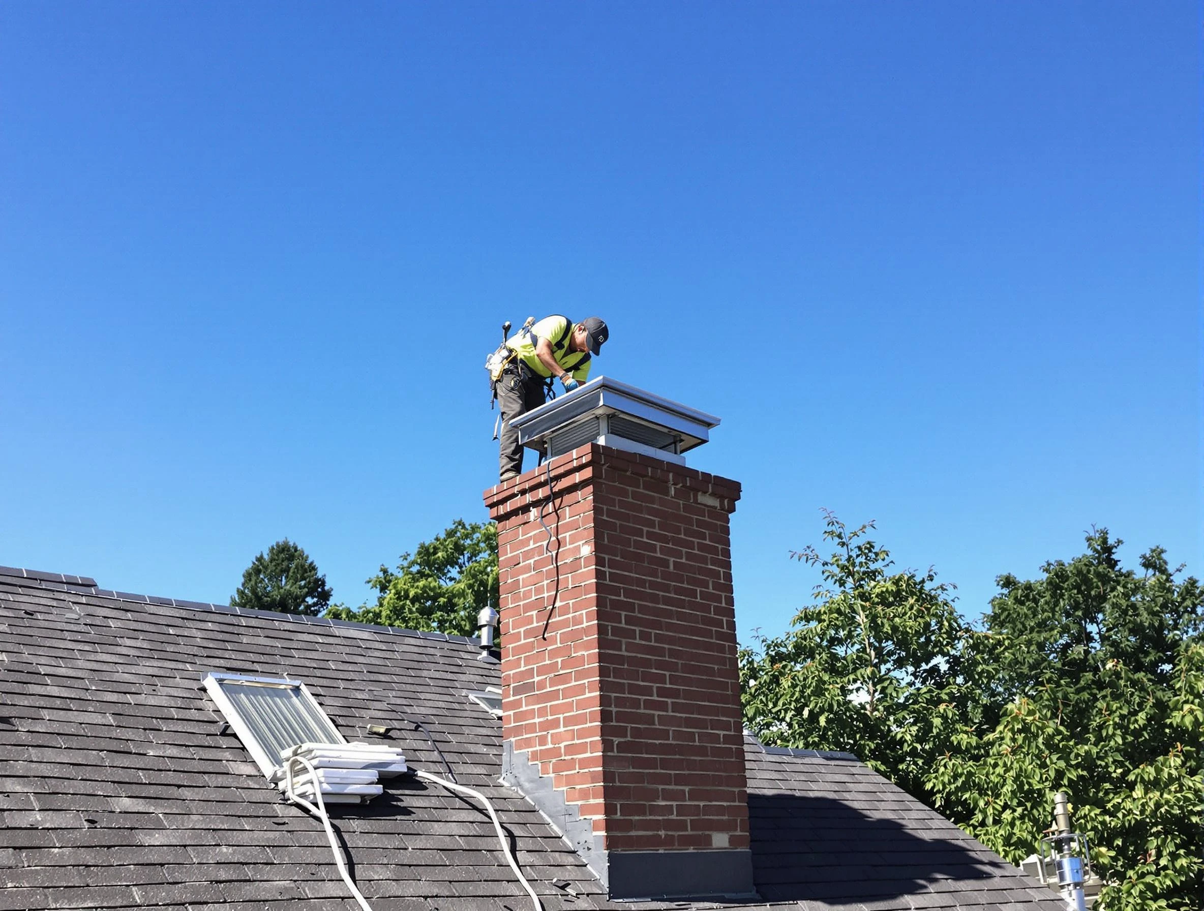 Tuscaloosa Chimney Sweep technician measuring a chimney cap in Tuscaloosa, AL